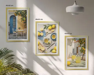 Set di quadri incorniciati con stampa di limoni, limonata e porta blu