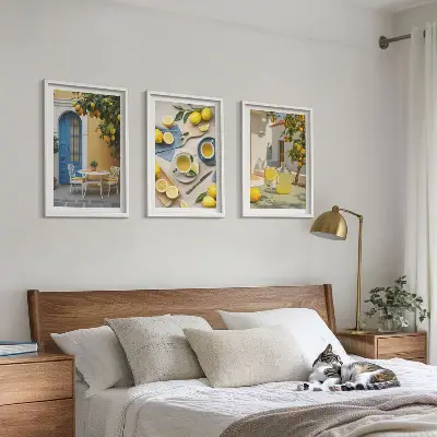 Set di quadri incorniciati con stampa di limoni, limonata e porta blu