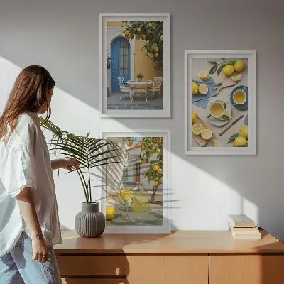Set di quadri incorniciati con stampa di limoni, limonata e porta blu