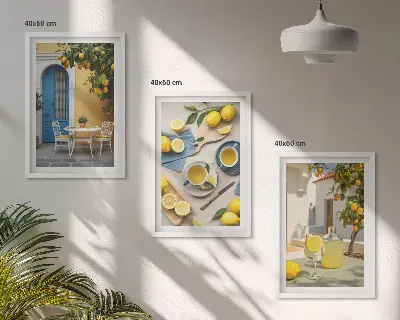 Set di quadri incorniciati con stampa di limoni, limonata e porta blu