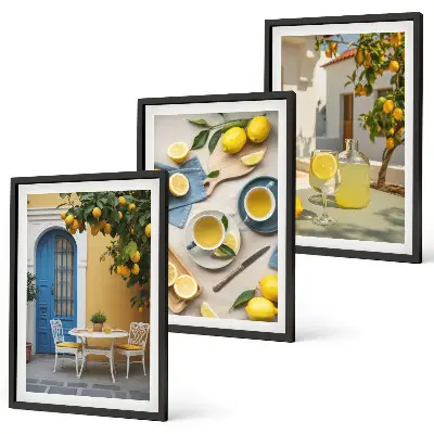 Set di quadri incorniciati con stampa di limoni, limonata e porta blu