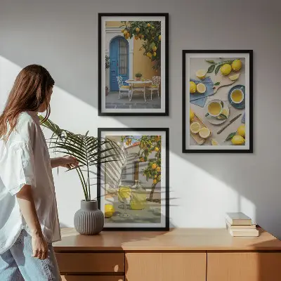 Set di quadri incorniciati con stampa di limoni, limonata e porta blu