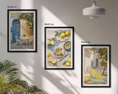 Set di quadri incorniciati con stampa di limoni, limonata e porta blu
