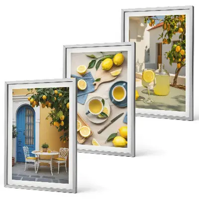 Set di quadri incorniciati con stampa di limoni, limonata e porta blu