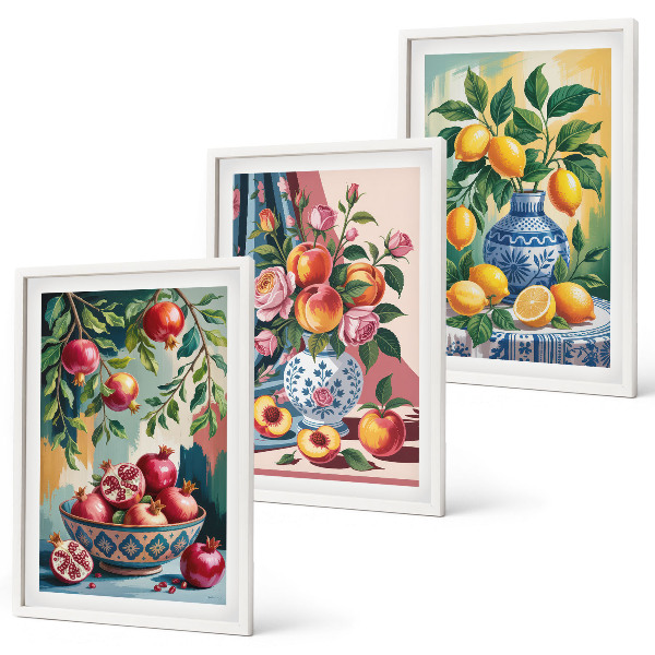 Set di 3 quadri Fiori e frutta in vaso