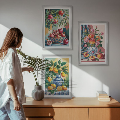Set di 3 quadri Fiori e frutta in vaso
