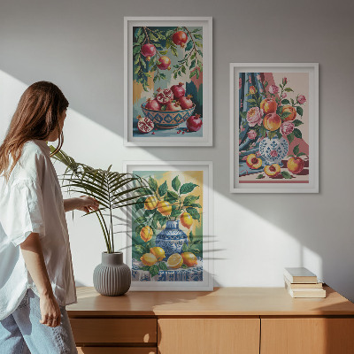 Set di 3 quadri Fiori e frutta in vaso