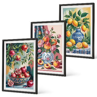 Set di 3 quadri Fiori e frutta in vaso