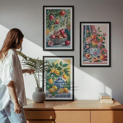 Set di 3 quadri Fiori e frutta in vaso