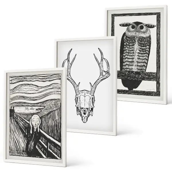Set di quadri incorniciati con grafica raffigurante teschio urlante e gufo