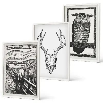 Set di quadri incorniciati con grafica raffigurante teschio urlante e gufo