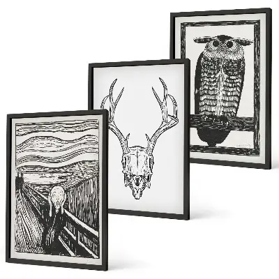 Set di quadri incorniciati con grafica raffigurante teschio urlante e gufo
