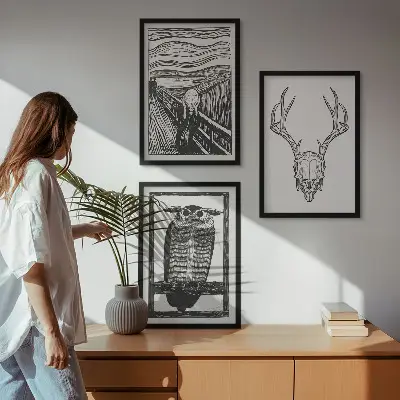 Set di quadri incorniciati con grafica raffigurante teschio urlante e gufo