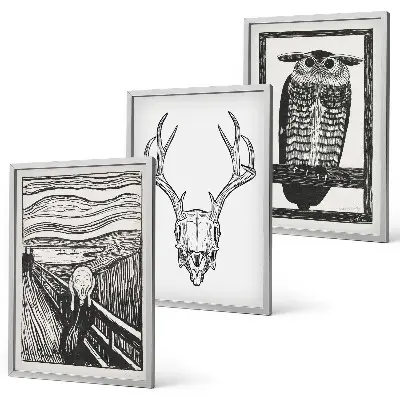 Set di quadri incorniciati con grafica raffigurante teschio urlante e gufo