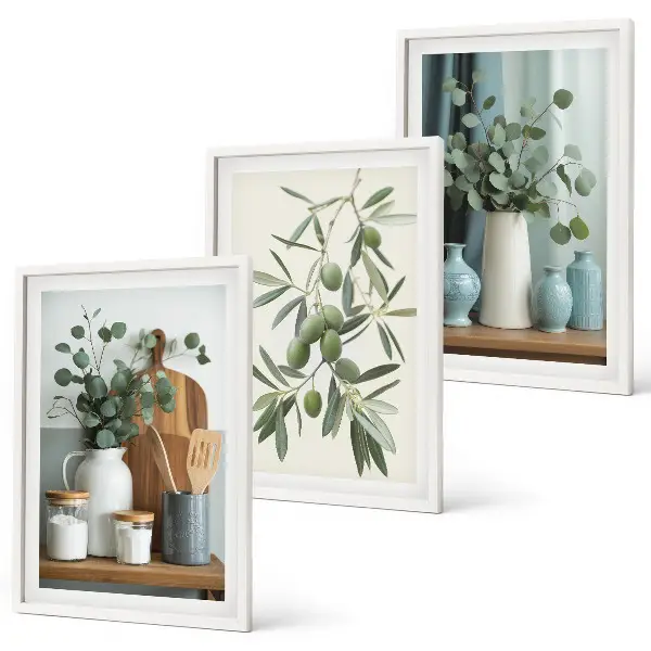 Set di 3 quadri con olive verdi ed eucalipto