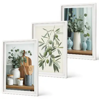 Set di 3 quadri con olive verdi ed eucalipto