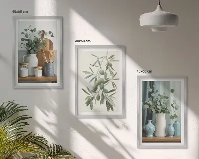 Set di 3 quadri con olive verdi ed eucalipto