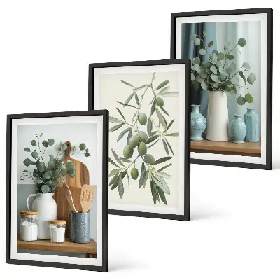 Set di 3 quadri con olive verdi ed eucalipto