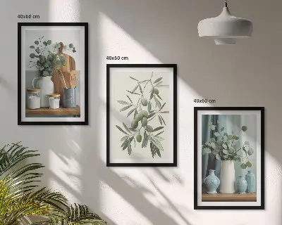 Set di 3 quadri con olive verdi ed eucalipto