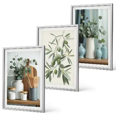 Set di 3 quadri con olive verdi ed eucalipto