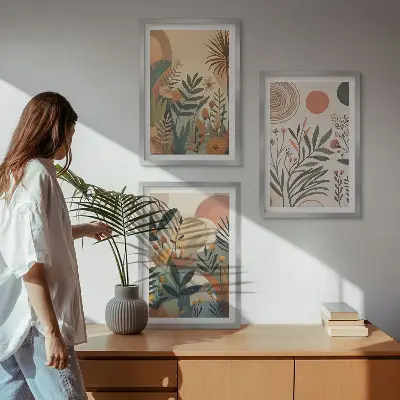Set di 3 quadri con motivi vegetali in colori tenui