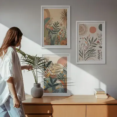 Set di 3 quadri con motivi vegetali in colori tenui