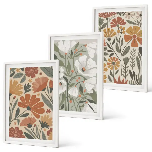 Set di 3 quadri con motivi floreali arancione e verde