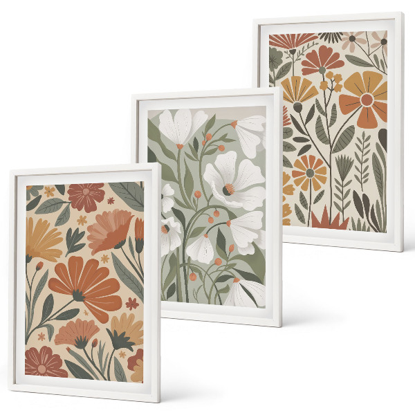 Set di 3 quadri Motivi floreali arancione verde
