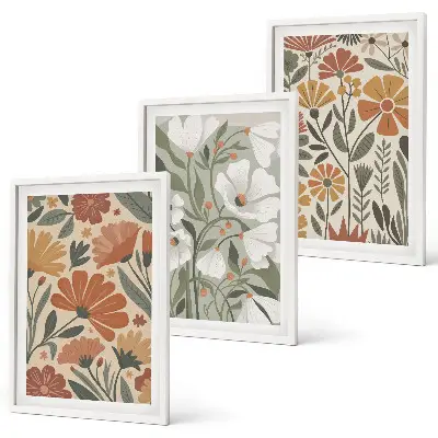 Set di 3 quadri con motivi floreali arancione e verde