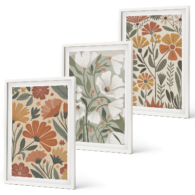 Set di 3 quadri Motivi floreali arancione verde
