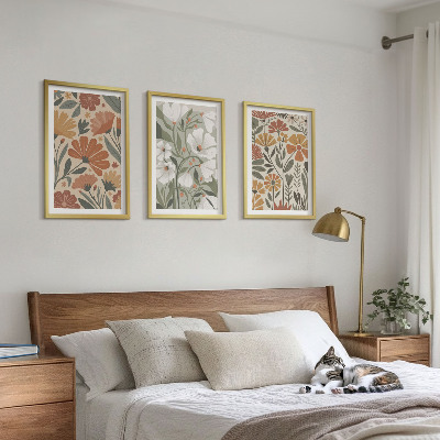 Set di 3 quadri Motivi floreali arancione verde