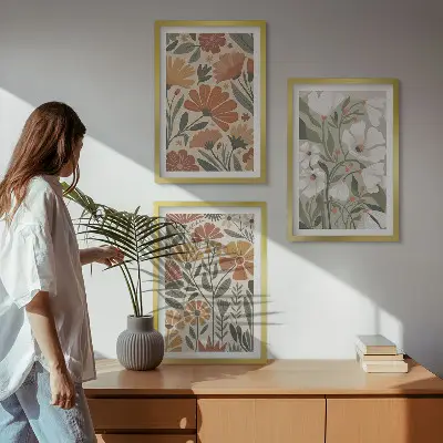 Set di 3 quadri con motivi floreali arancione e verde