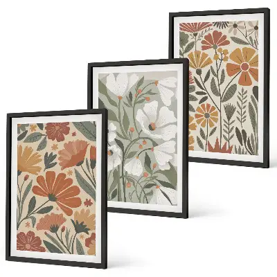 Set di 3 quadri con motivi floreali arancione e verde