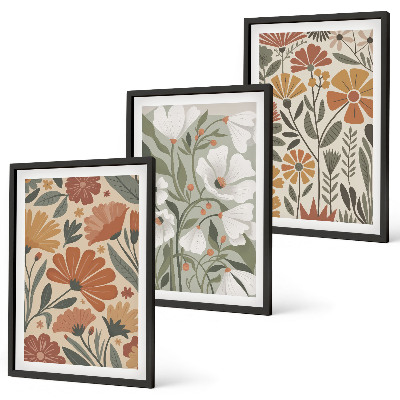 Set di 3 quadri Motivi floreali arancione verde
