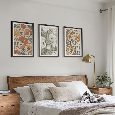 Set di 3 quadri Motivi floreali arancione verde