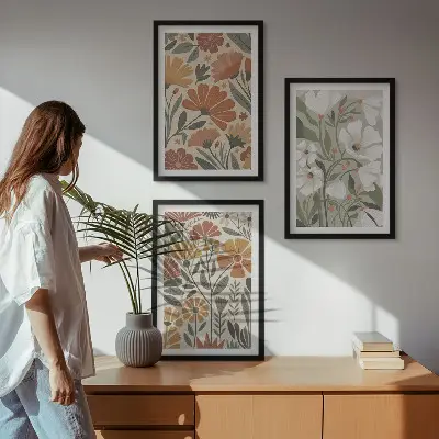 Set di 3 quadri con motivi floreali arancione e verde