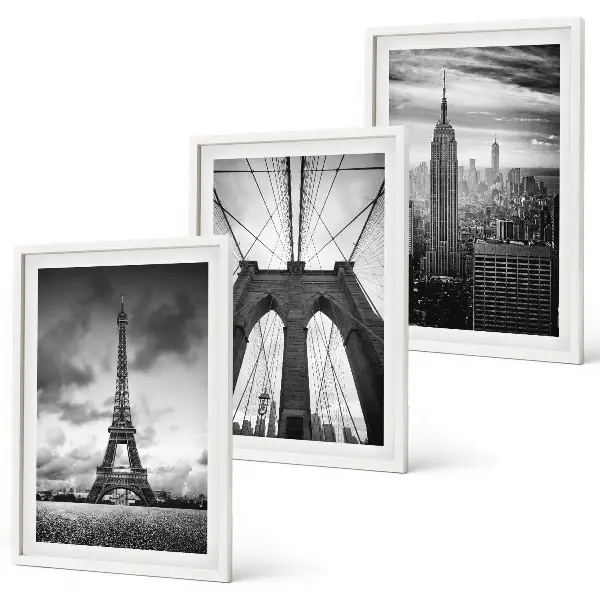 Set di 3 quadri con torri di ponti monocromatiche