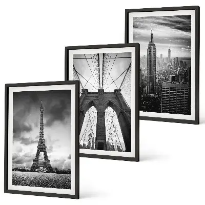 Set di 3 quadri con torri di ponti monocromatiche