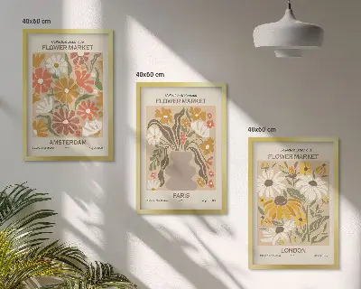 Composizione di quadri con motivi floreali raffiguranti Amsterdam, Parigi e Londra