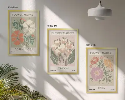 Set di 3 quadri con stampe floreali di Copenaghen, Londra e Parigi