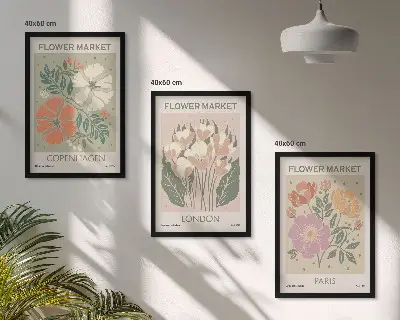 Set di 3 quadri con stampe floreali di Copenaghen, Londra e Parigi