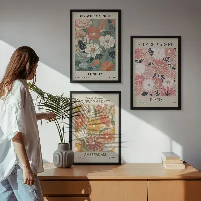 Set di quadri incorniciati con motivi floreali ispirati a Londra, Tokyo e Amsterdam