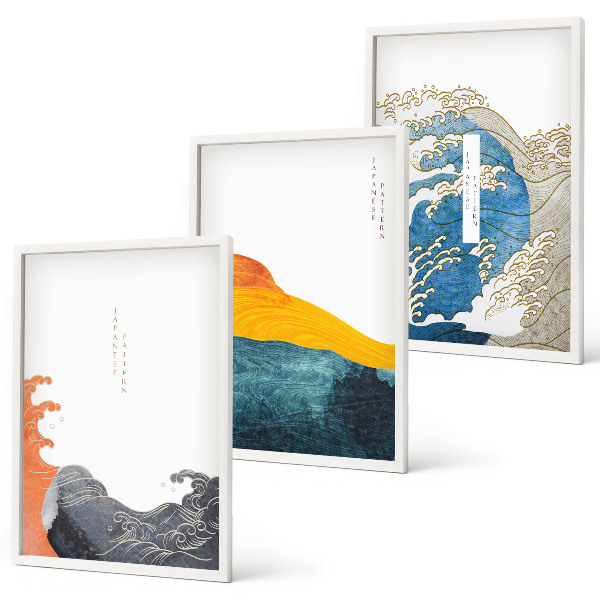 Set di quadri incorniciati Ondate di stile grafico giapponese
