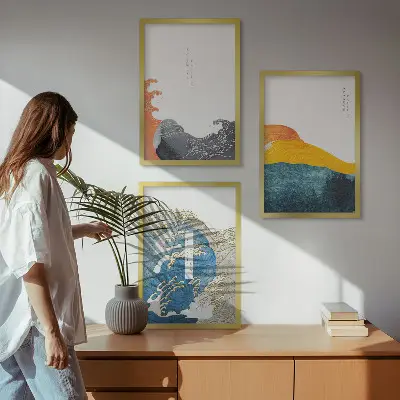 Set di quadri incorniciati con stampa in stile grafico onde giapponesi