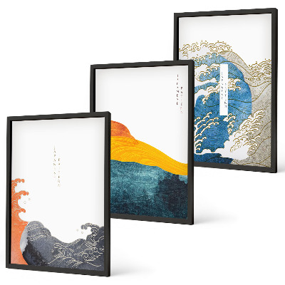 Set di quadri incorniciati Ondate di stile grafico giapponese