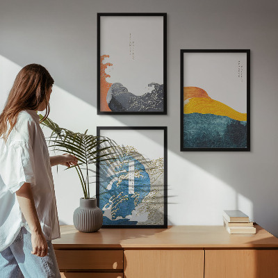 Set di quadri incorniciati Ondate di stile grafico giapponese
