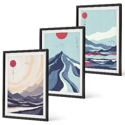 Set di 3 quadri con motivi di montagne giapponesi astratte