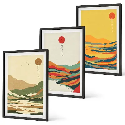 Composizione di quadri con disegni colorati di montagne in stile Japandi
