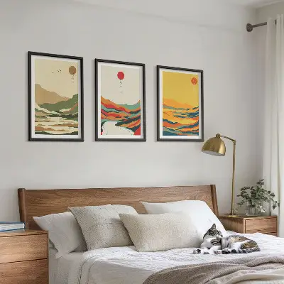 Composizione di quadri con disegni colorati di montagne in stile Japandi