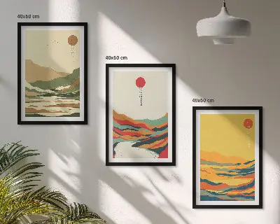 Composizione di quadri con disegni colorati di montagne in stile Japandi